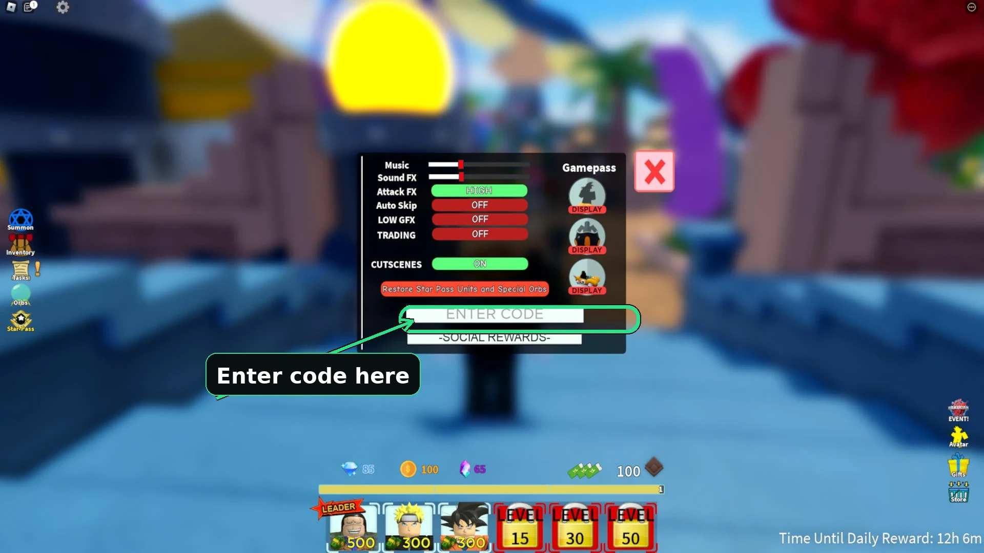 The original All Star Tower Defense redeem flow in Roblox: the Settings menu open with the ENTER CODE box under the Gamepasses section where you paste a code. ASTD X instead uses the Twitter/bird icon at the bottom-left of the screen.