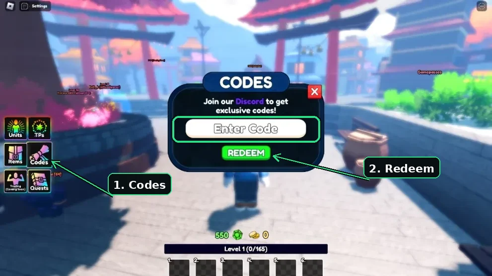 The Anime Last Stand Codes window in Roblox, showing the Codes button in the left-side menu, the Enter Code field, and the Redeem button