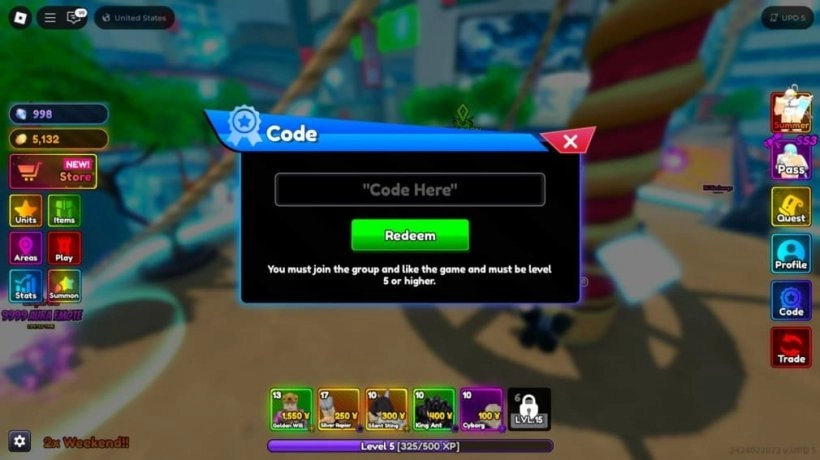 Anime Rangers X code redemption screen in Roblox, showing the Code button and the box where you enter and redeem a code