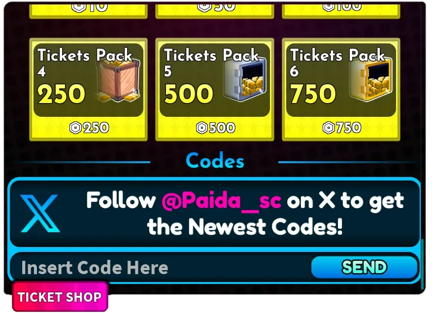 Arise Crossover Codes tab in the Roblox shop menu, with the Insert Code Here field and the Send button