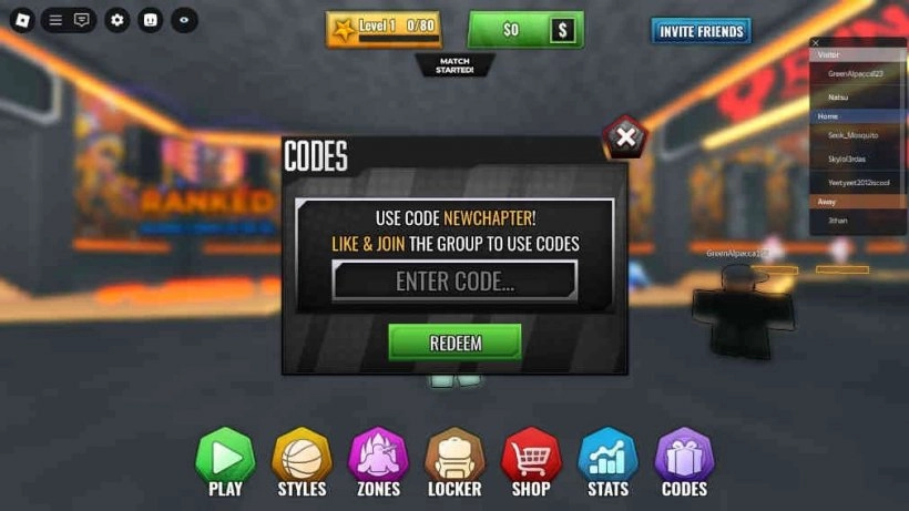 Basketball Zero Codes menu in Roblox, with the ENTER CODE field and green Redeem button, and the Codes button in the bottom bar