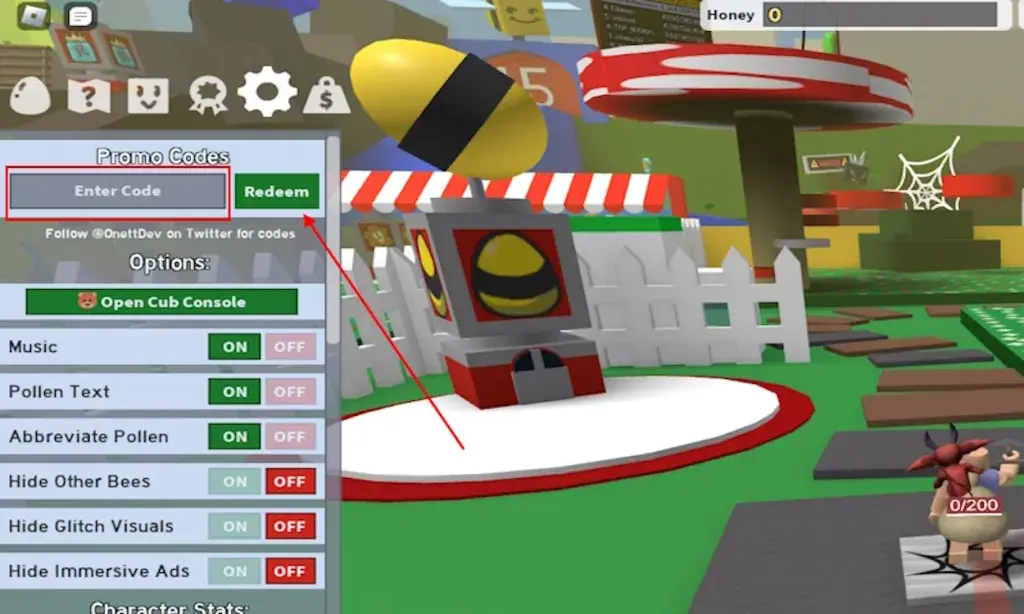 Bee Swarm Simulator Settings menu in Roblox, with the Promo Codes box, an Enter Code field, and the green Redeem button
