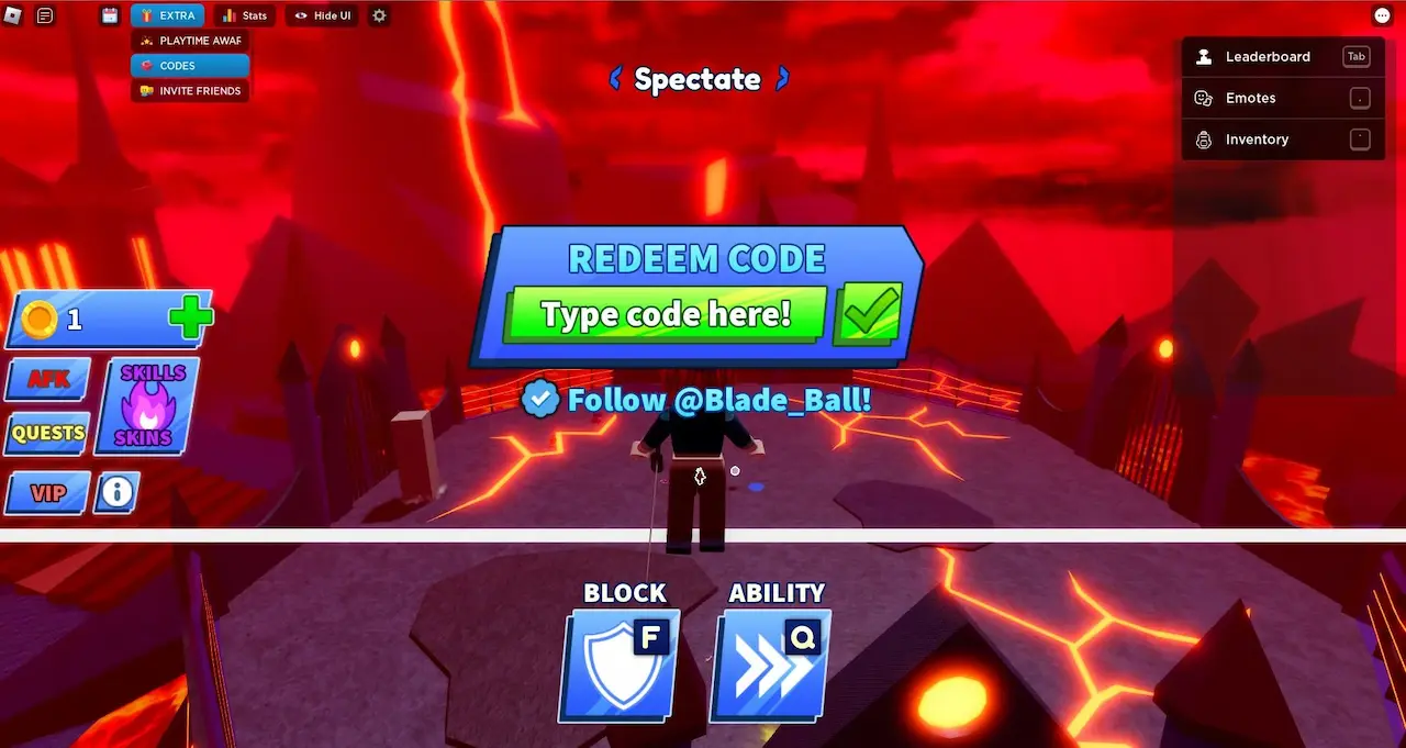 Blade Ball Redeem Code box in Roblox, with the Type code here field and green checkmark, and the Extra menu showing the Codes option