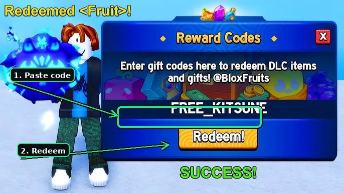 Blox Fruits Reward Codes window in Roblox, with arrows showing where to paste the code and the Redeem button