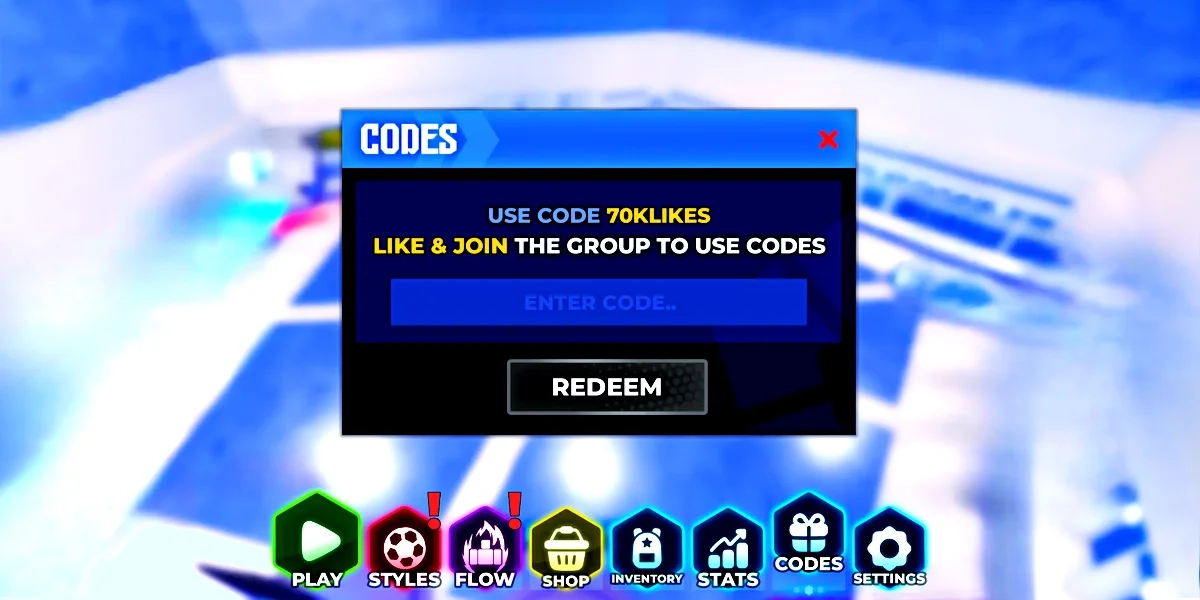 Blue Lock Rivals Codes menu in Roblox, with the Enter code field above the Redeem button, a like-and-join-the-group prompt, and the Codes button in the bottom bar