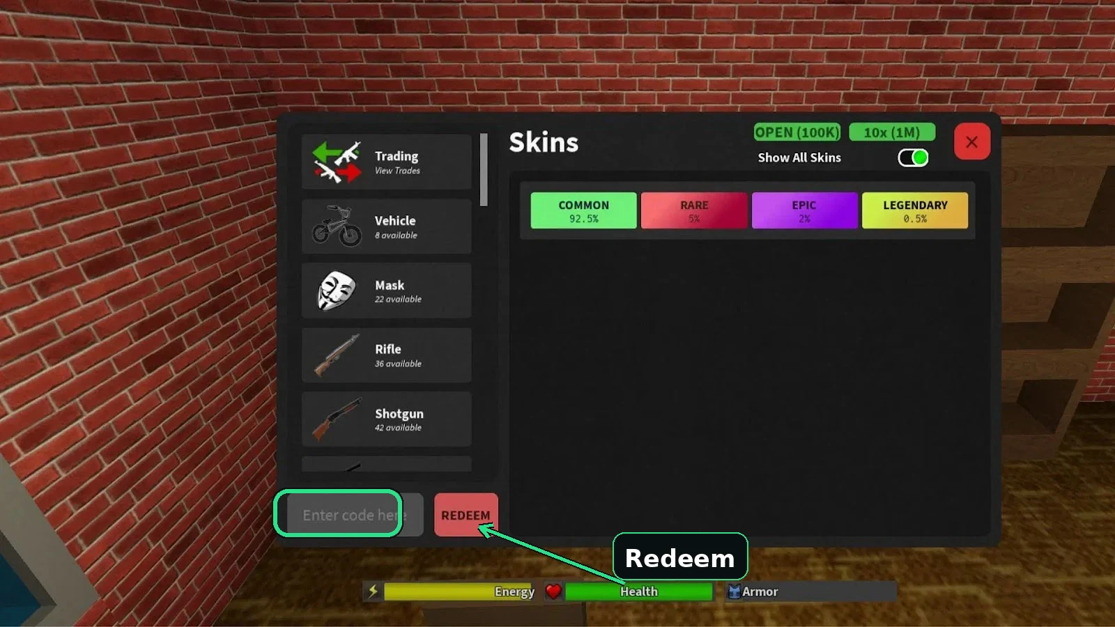Da Hood in Roblox showing the Treasure Chest icon in the bottom-left corner, the Enter code here box, and the red Redeem button
