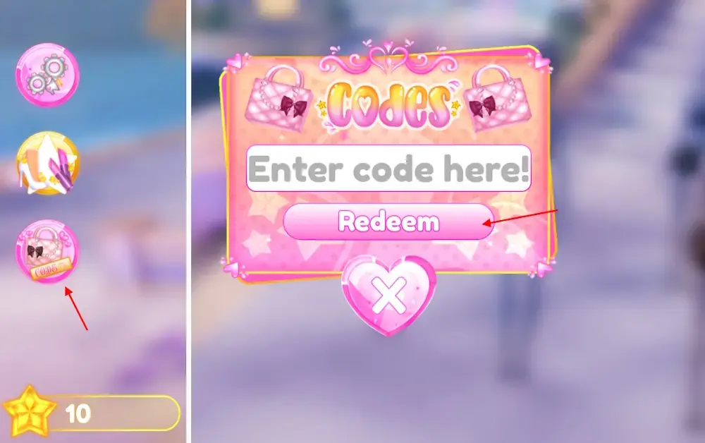 Dress to Impress Codes menu in Roblox, with the left-side Codes button highlighted and the Enter code here field above the pink Redeem button