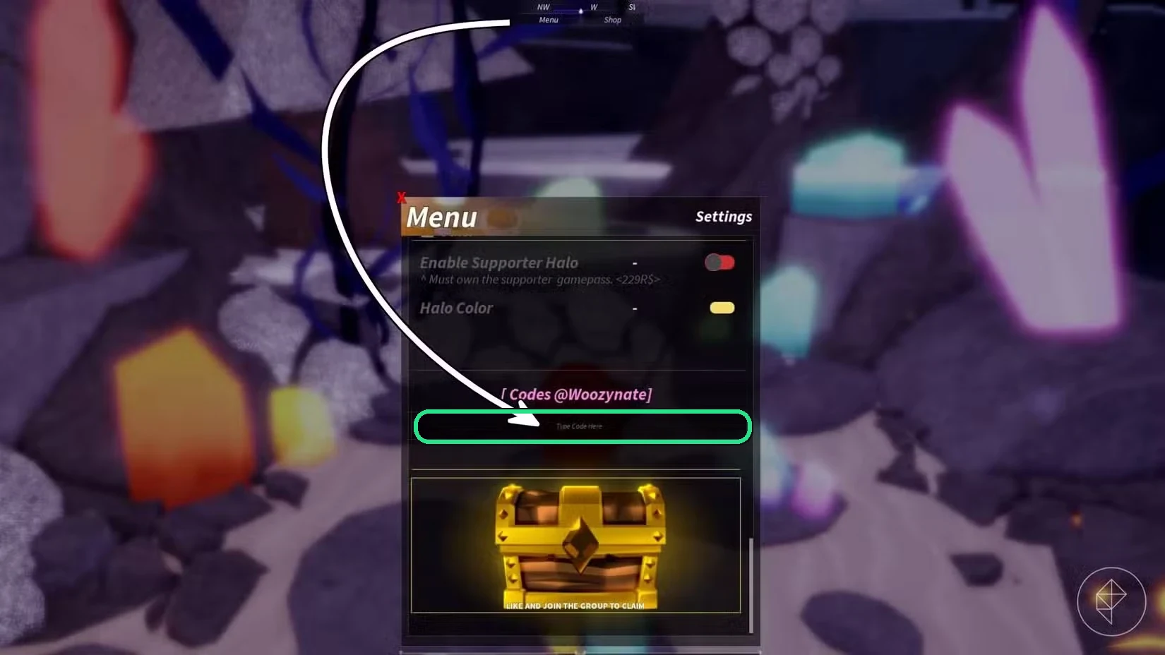 The Fisch Menu in Roblox, showing the Codes section where you type a code into the Type Code Here box and press Enter