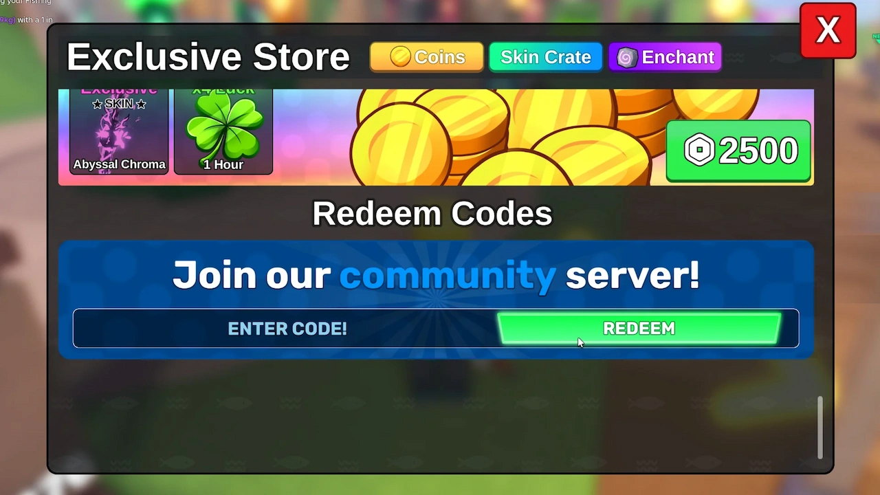 Fish It Exclusive Store screen in Roblox, with the ENTER CODE box at the bottom where you type and redeem a code