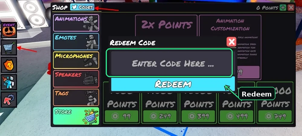 Funky Friday in Roblox, showing the cart / Codes menu opened from the top-left where you type into the Enter Code Here box and press Redeem
