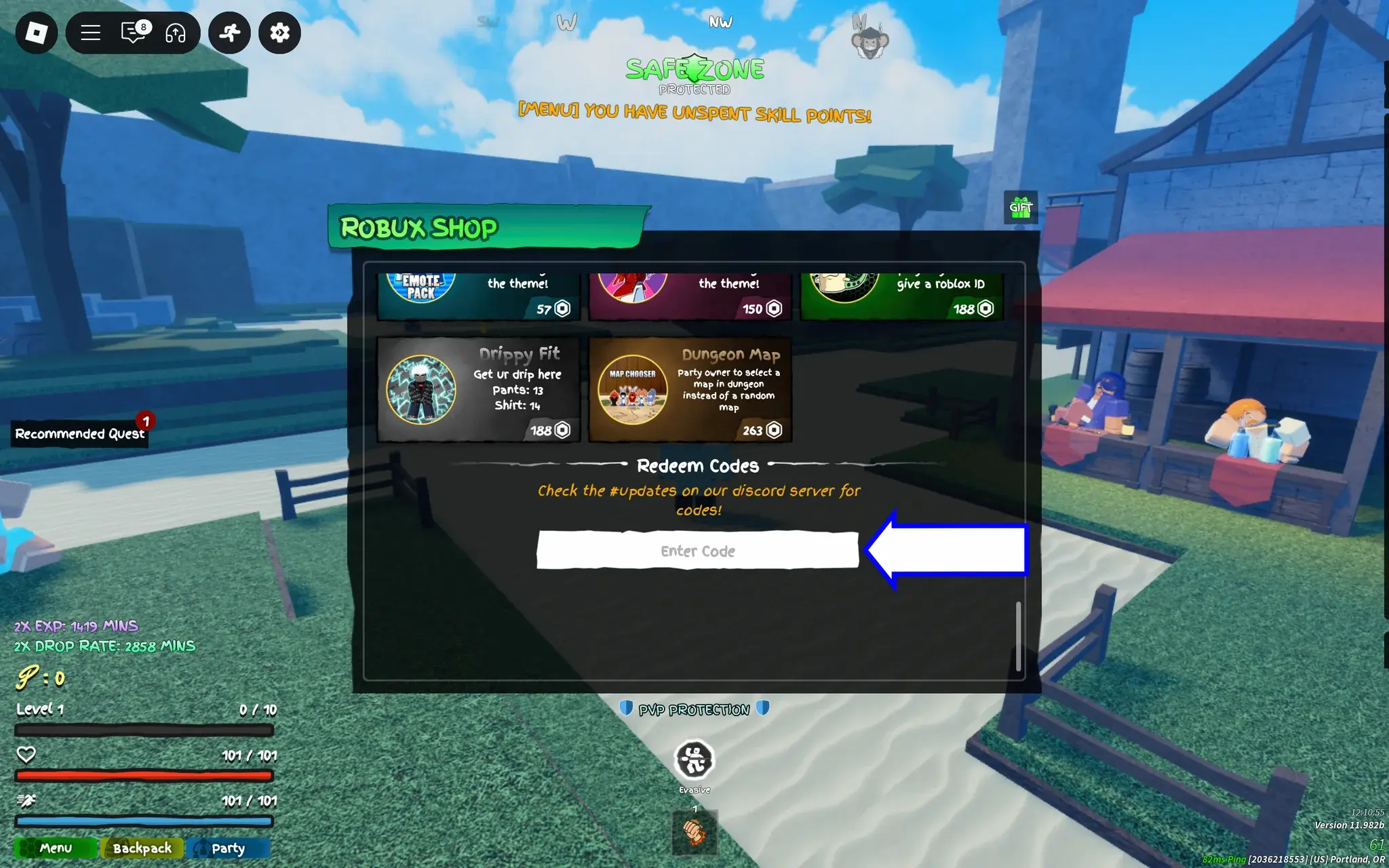 Grand Piece Online Shop menu in Roblox, showing the Redeem Code text box where you enter and redeem a code