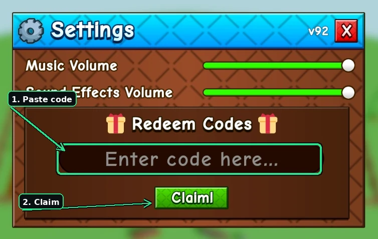 Grow a Garden 2 Settings menu in Roblox, with arrows showing the Redeem Codes box under the volume sliders and the Claim button