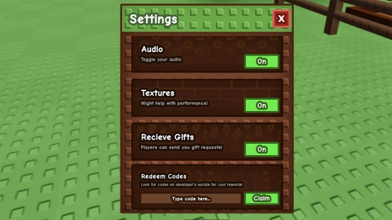 Grow a Garden Settings menu in Roblox, with the Redeem Codes field and green Claim button at the bottom