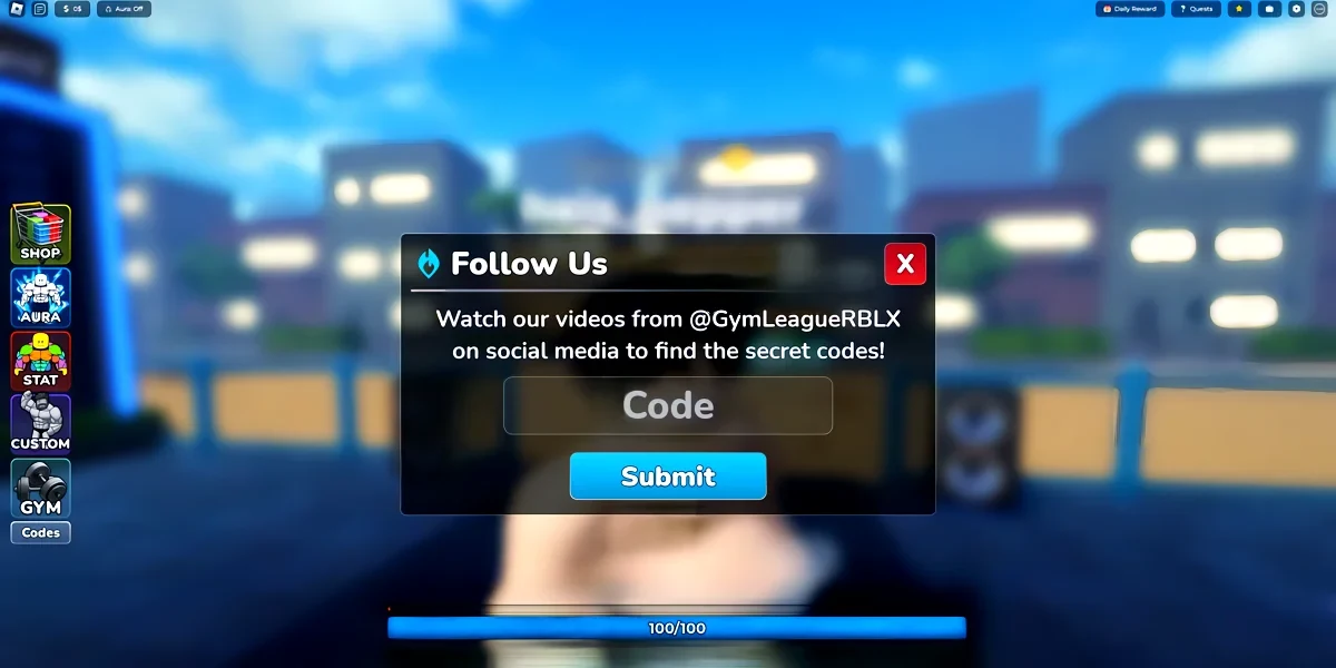 Gym League code redemption screen in Roblox, showing the Codes box and the Submit button