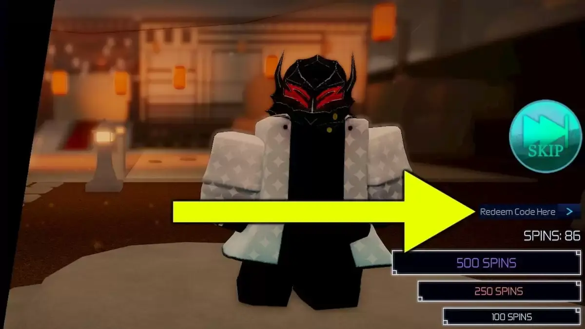 Jujutsu Infinite Customize screen in Roblox, with a yellow arrow pointing to the Redeem Code Here button and the current Spins balance