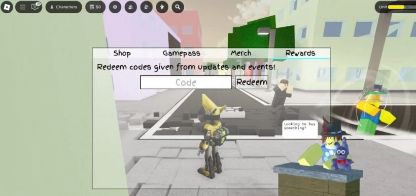 Jujutsu Shenanigans Shop screen in Roblox, showing the Rewards or Codes tab and the box where you enter and redeem a code
