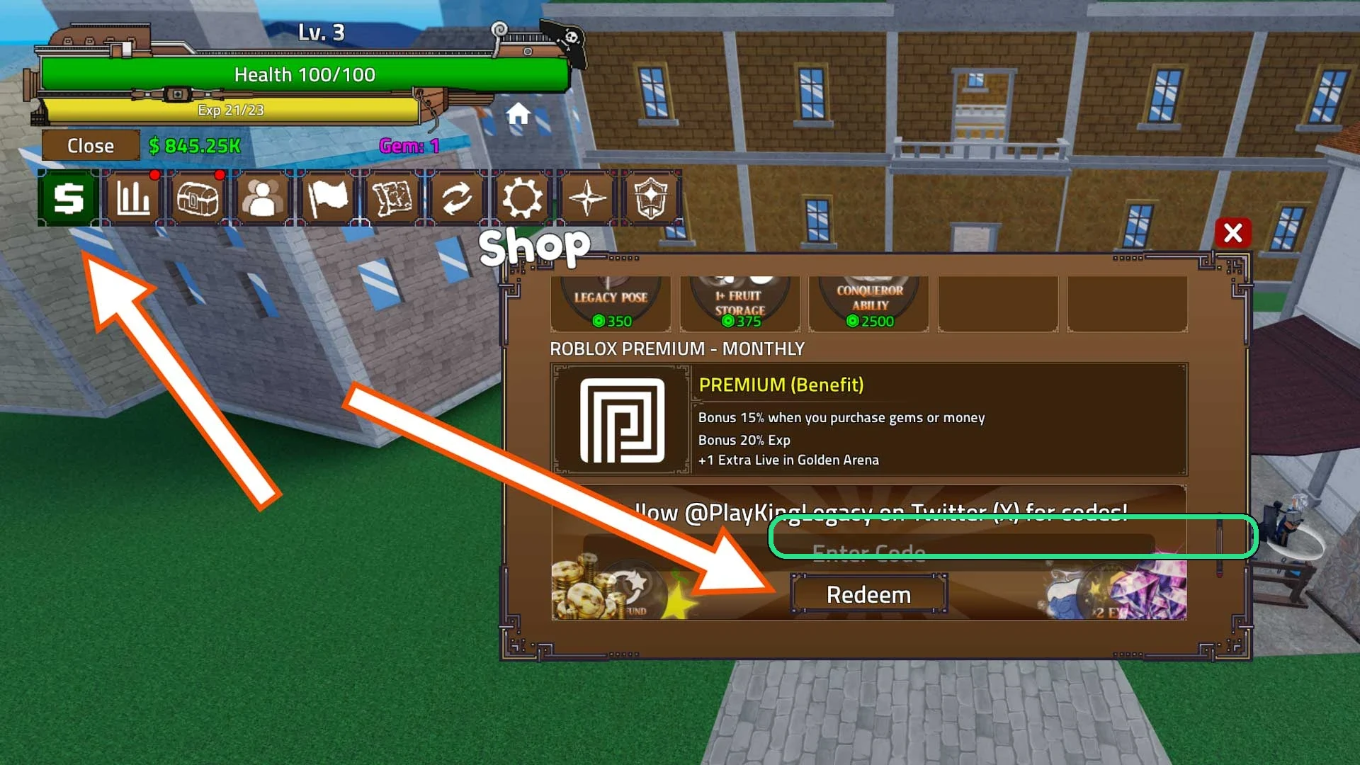 King Legacy Shop in Roblox, opened from the Menu next to the health bar, with arrows showing the Shop cart icon and the Enter Code box at the bottom where you press Redeem