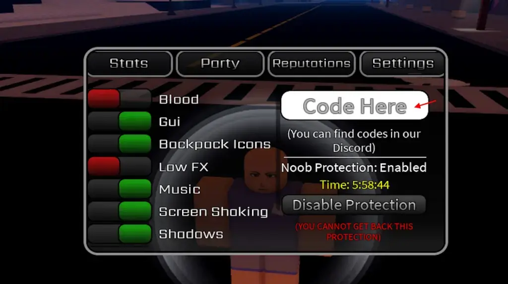 Peroxide Settings tab in the Stats menu in Roblox, with the Code Here box where you enter codes
