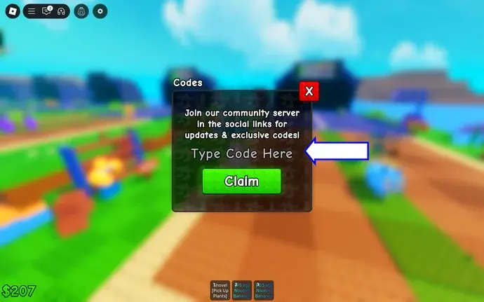 Plants vs Brainrots Codes window in Roblox, with the Type Code Here field above the green Claim button