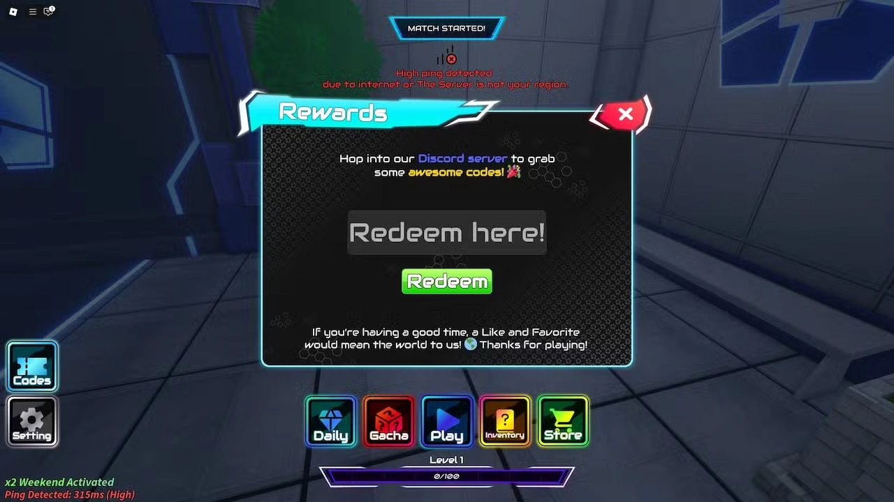 Project Egoist code redemption screen in Roblox, showing the Codes ticket menu and the box where you enter and redeem a code
