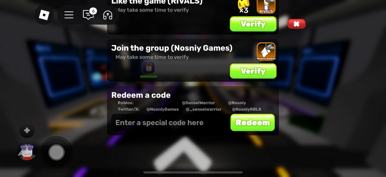 Rivals Rewards menu in Roblox, showing the Codes section with the username verify step and the box where you enter and redeem a code