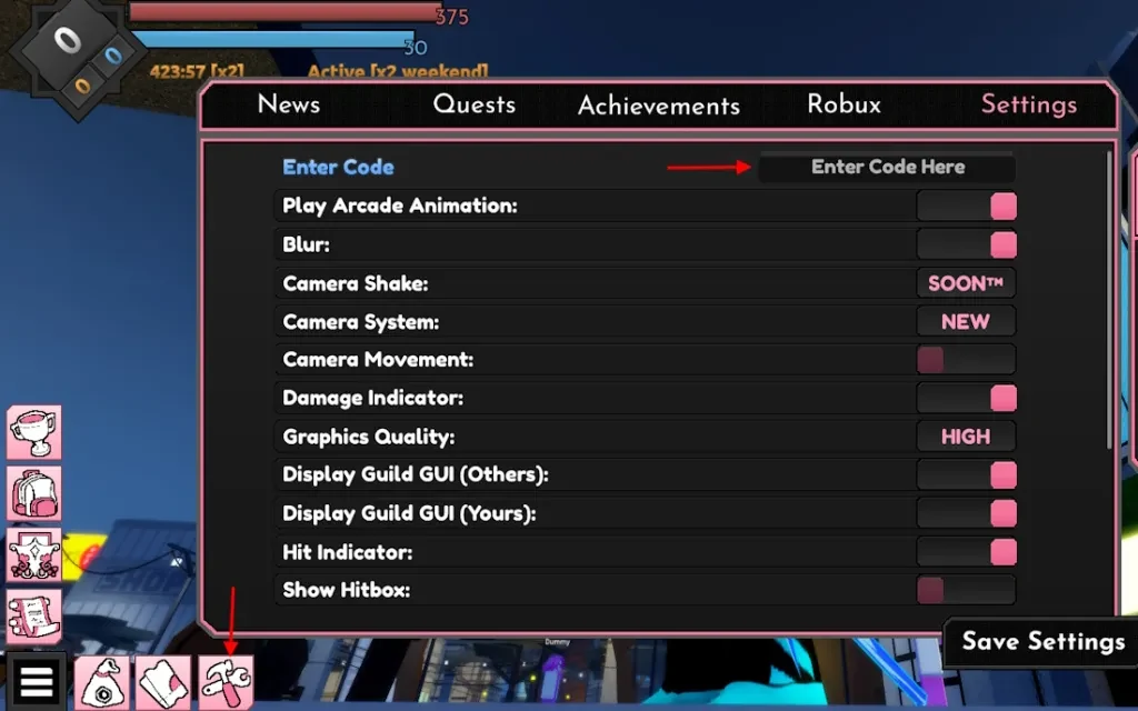 Sakura Stand Settings menu in Roblox, showing the Enter Code field with the Enter Code Here box at the top, opened from the wrench icon in the bottom-left toolbar