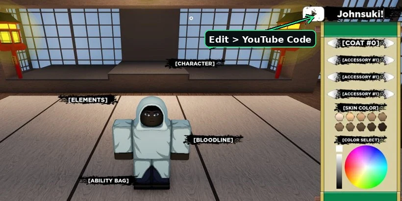 The Shindo Life Edit and character screen in Roblox, showing the path from the main menu, clicking the red arrow to reach Edit, then the YouTube Code button toward the top-right where you paste a code