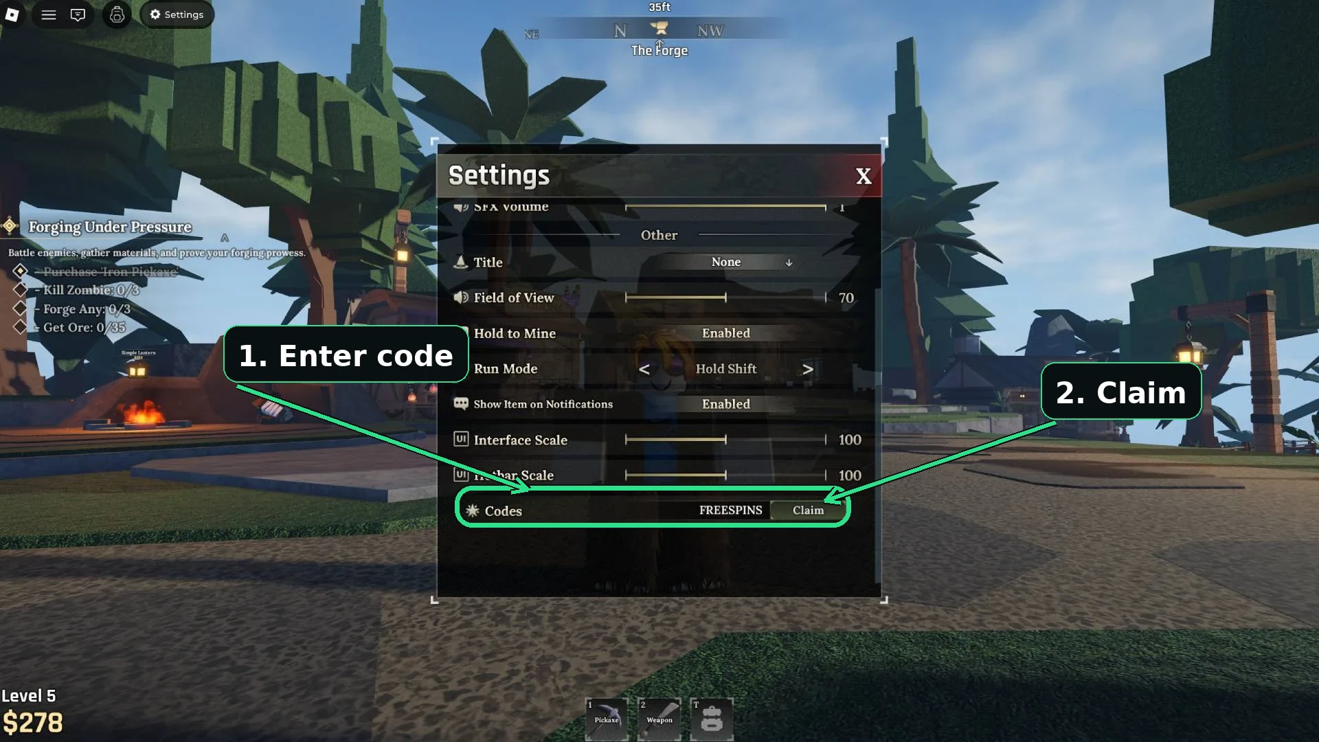 The Forge Settings menu in Roblox, with arrows showing the Codes row at the bottom where you enter a code and the Claim button