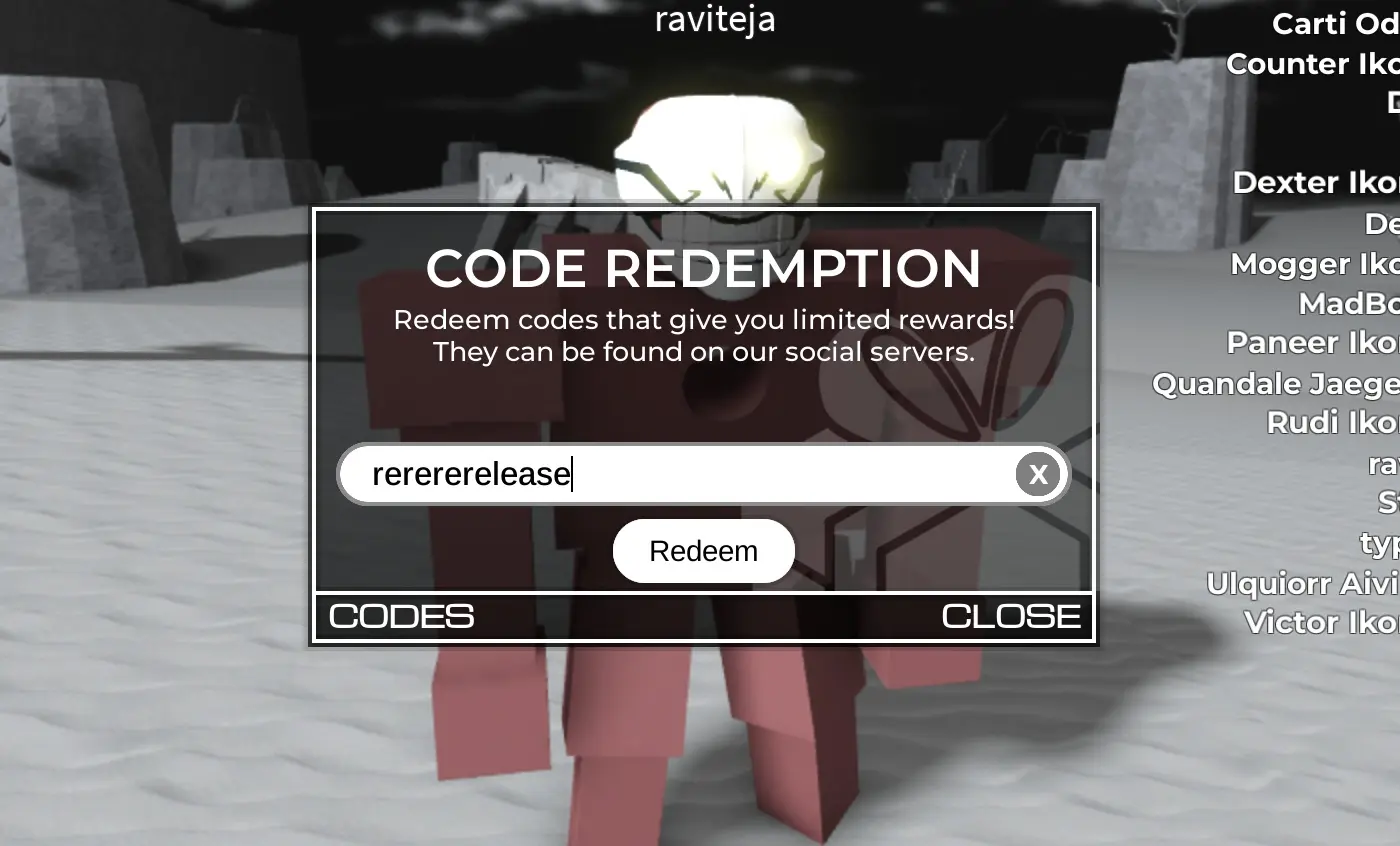 Type Soul Code Redemption box in Roblox, with the code text field above the Redeem button and the Codes button along the bottom