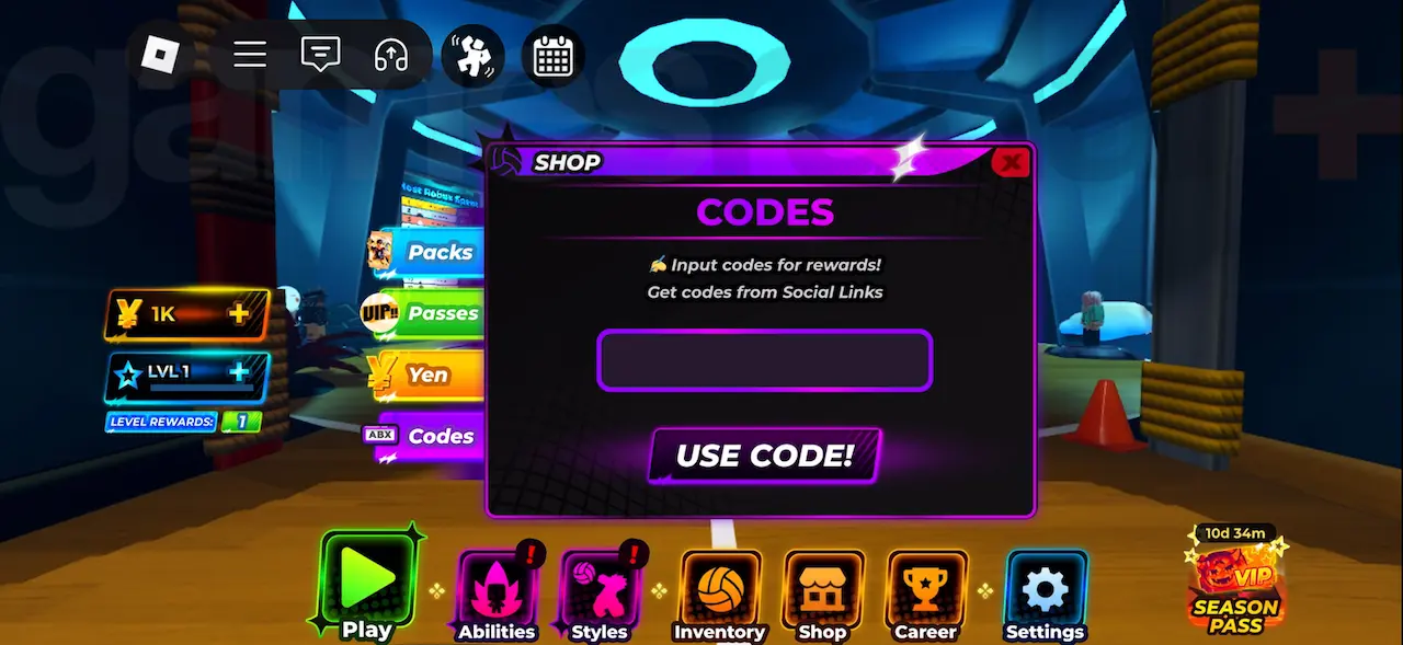 Volleyball Legends Shop with the Codes menu open in Roblox, showing the code input field above the purple Use Code button, and the orange Shop icon in the bottom bar